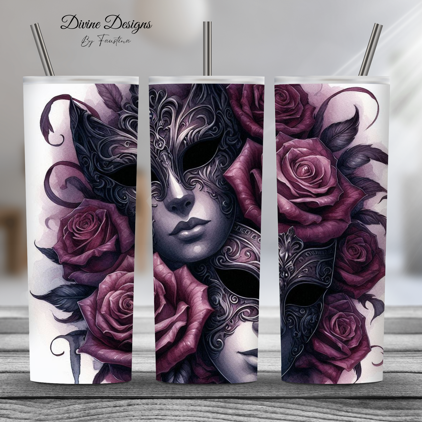 Masquerade Masks and roses 20oz Skinny tumbler with lid and straw
