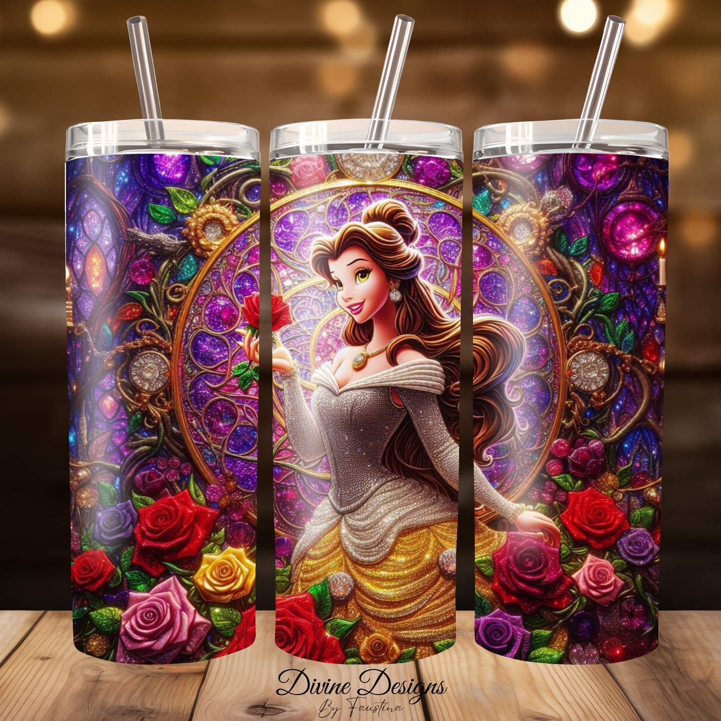 Princess Belle Tumbler 20oz with lid and straw
