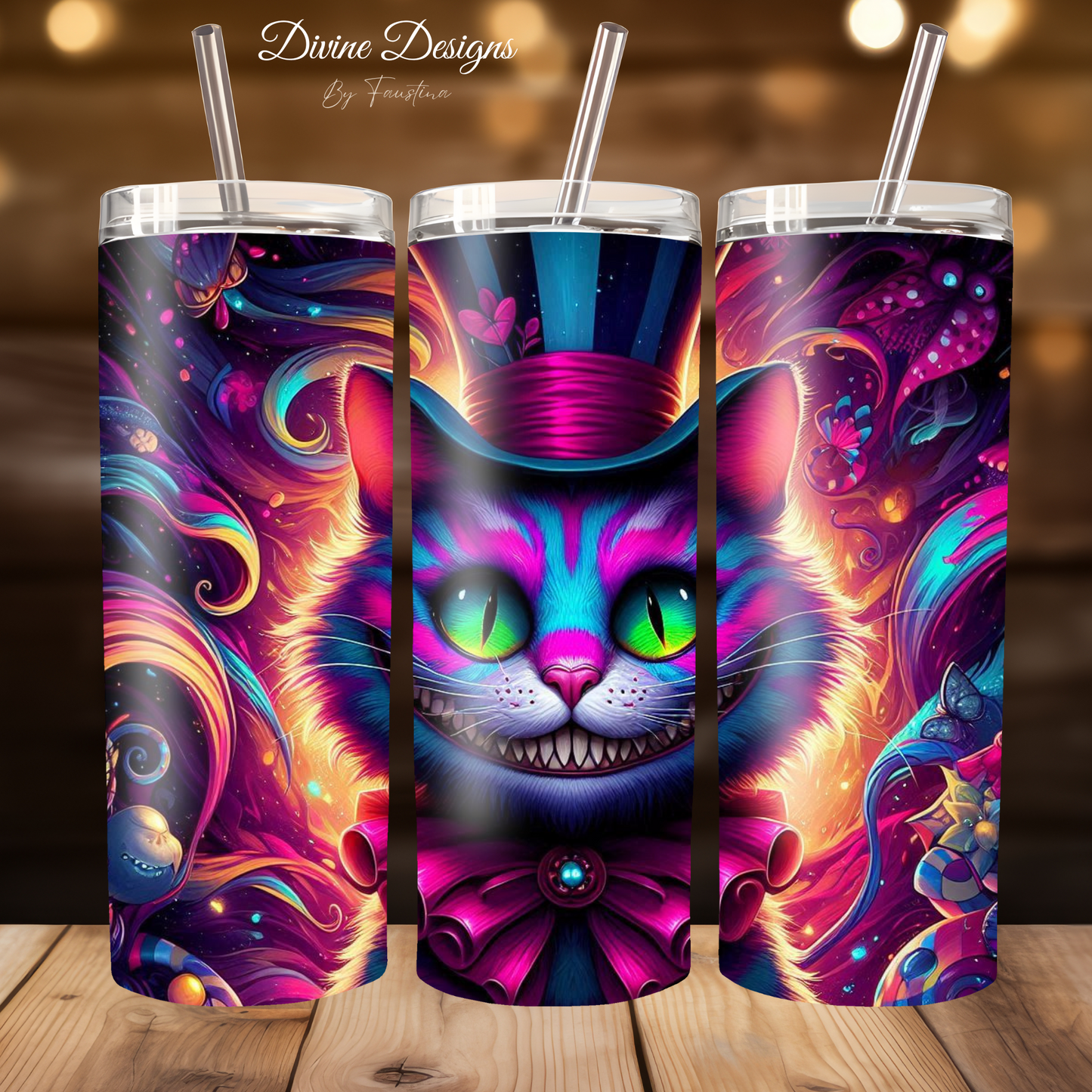 Cheshire Cat "Mad Hatter" 20oz Skinny Tumbler with Straw - Alice in Wonderland Inspired Drinkware, Vibrant & Whimsical Gift
