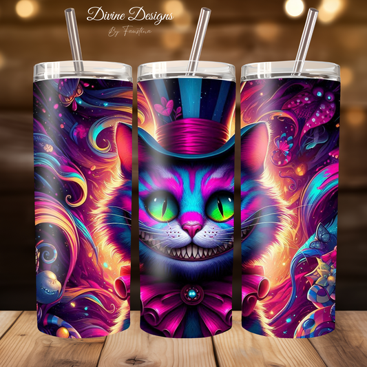 Cheshire Cat "Mad Hatter" 20oz Skinny Tumbler with Straw - Alice in Wonderland Inspired Drinkware, Vibrant & Whimsical Gift