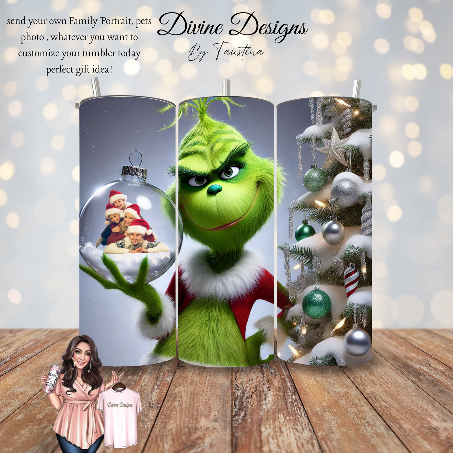 Grinch Ornament add your own Family Photo 20oz Tumbler