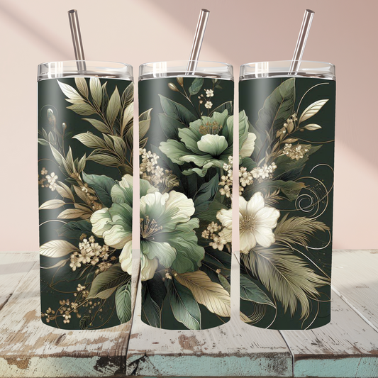Elegant Sage Floral "Botanical Grace" 20oz Skinny Tumbler with Straw
