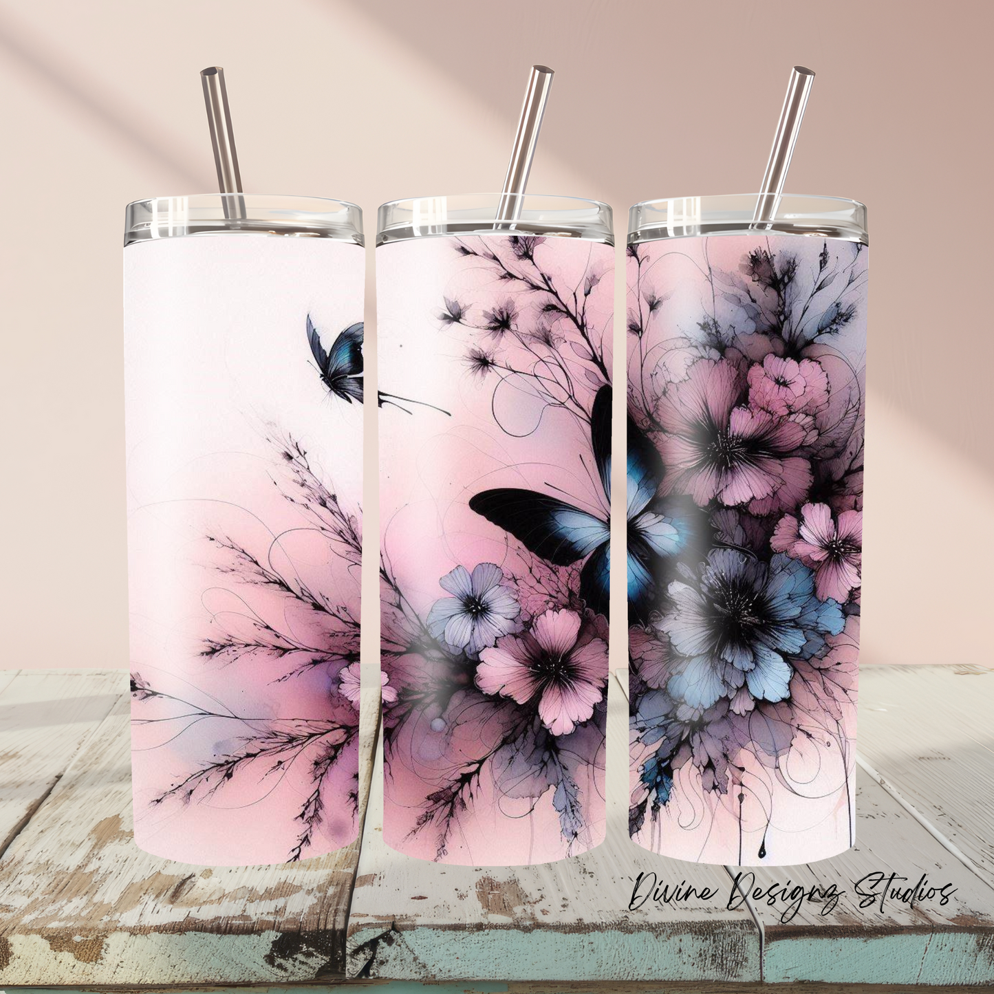 Butterfly and floral tumbler 20oz with lid and straw