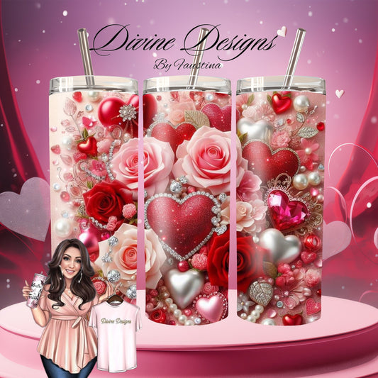 3D Valentines Hearts and Roses 20 oz Skinny Tumbler
