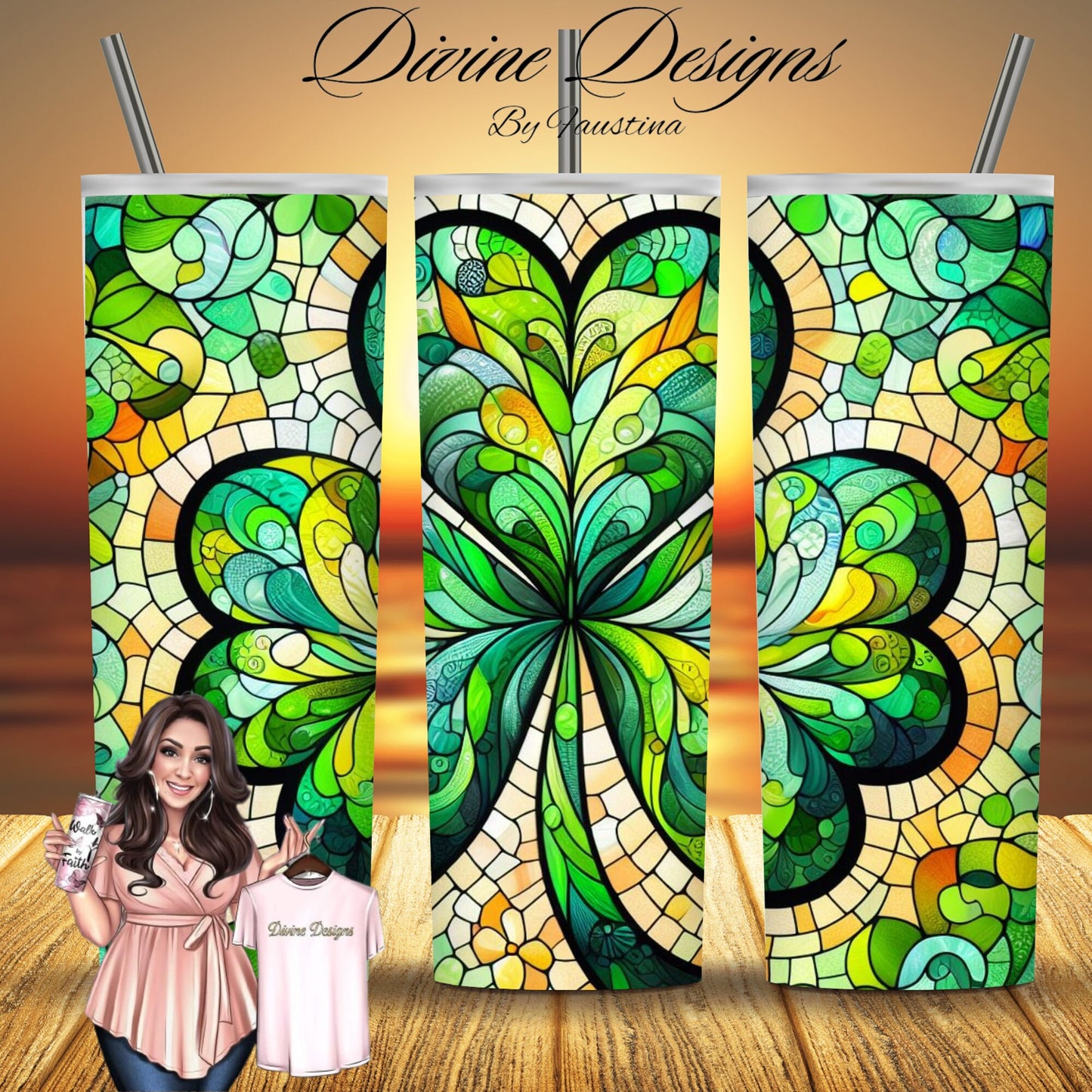 Shamrock Stained Glass 20 oz Skinny Tumbler