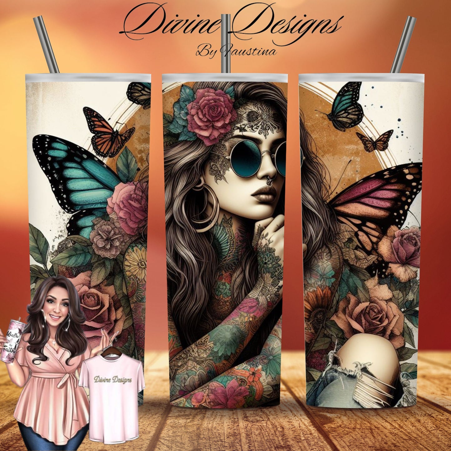 Tattoo Lady Butterfly 20oz skinny Sublimation tumbler