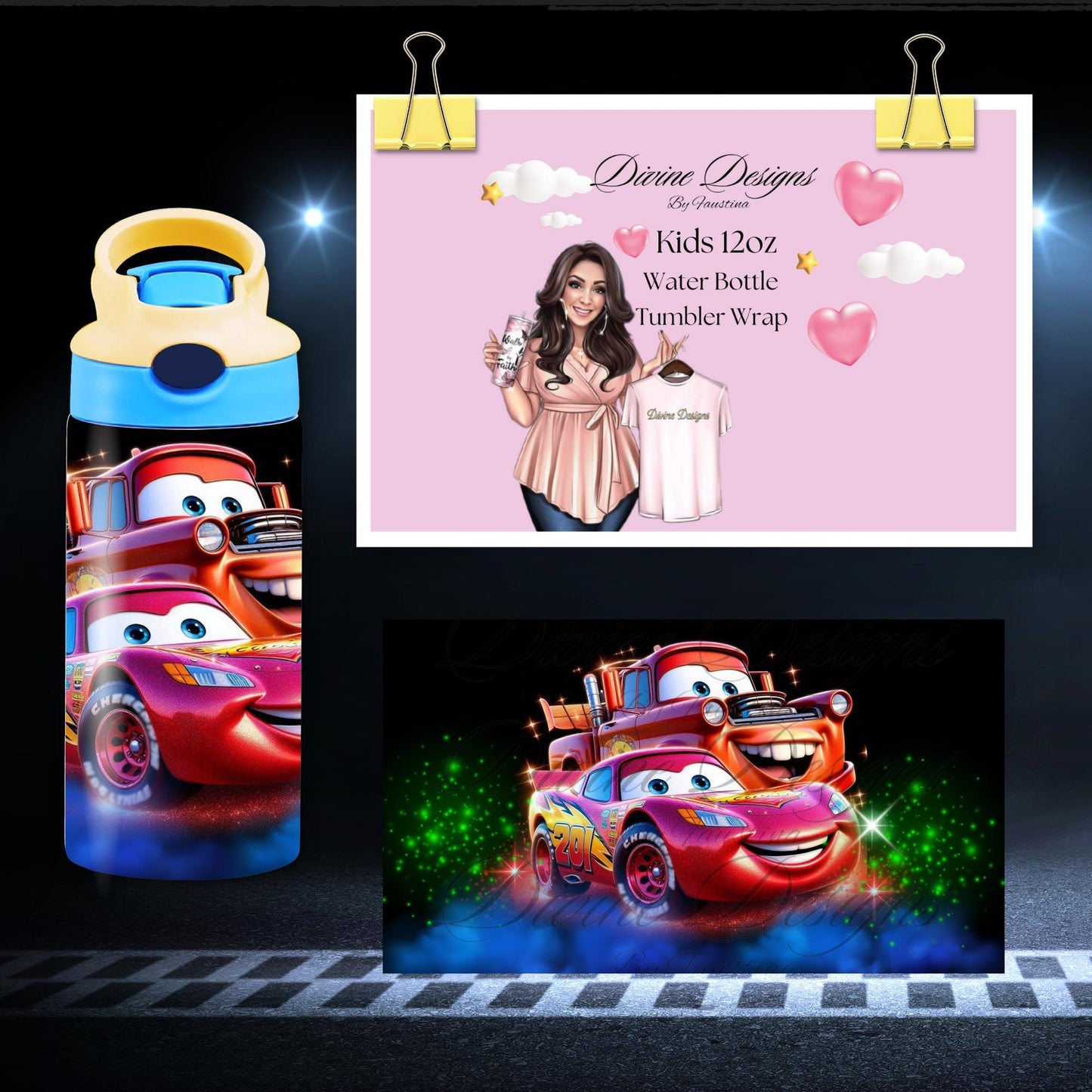 Kids Cars Cartoon 12 oz Water Bottle Tumbler Wrap