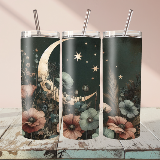 Celestial Moon Tumbler with florals 20oz with lid and straw