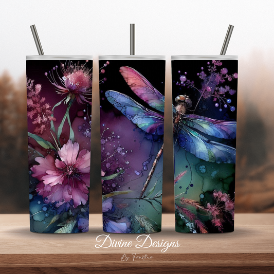 Enchanting Dragonfly & Floral 20oz Skinny Tumbler with Straw