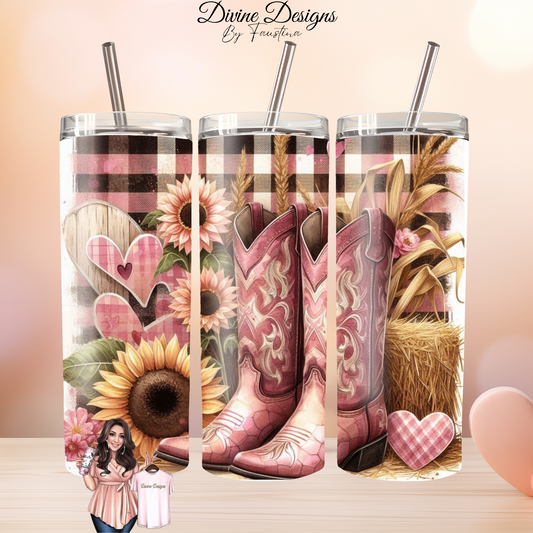 Cowgirl Pink Boots Tumbler 20oz with lid and straw