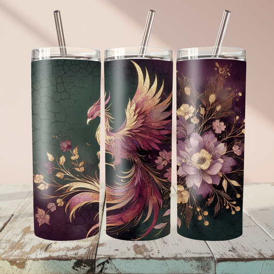 Majestic Phoenix "Rebirth & Bloom" 20oz Skinny Tumbler with Straw