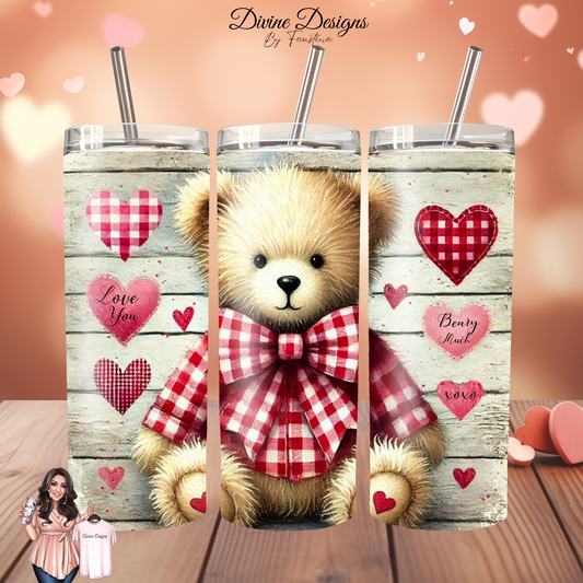 Valentines Day Teddy Bear Tumbler 20oz with lid and straw