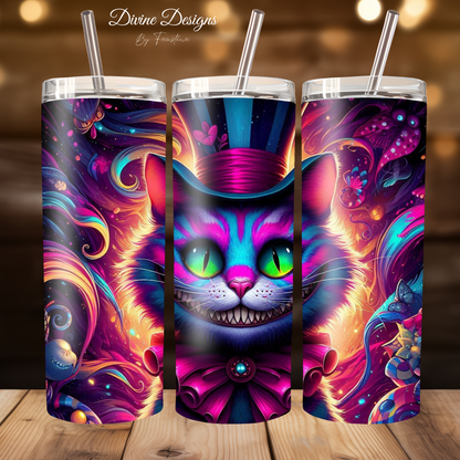 Cheshire Cat "Mad Hatter" 20oz Skinny Tumbler with Straw - Alice in Wonderland Inspired Drinkware, Vibrant & Whimsical Gift