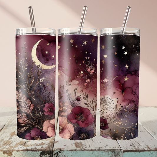 Celestial Floral "Moonlit Garden" 20oz Skinny Tumbler with Straw