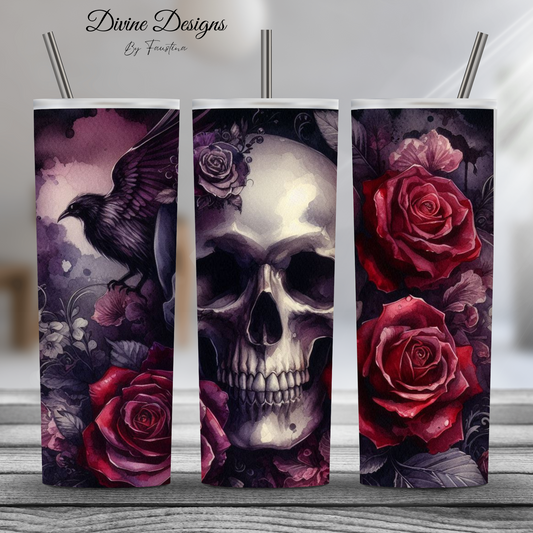 Skull and Roses 20oz Skinny Tumbler with lid and straw