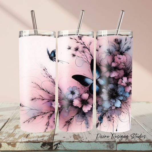 Butterfly and floral tumbler 20oz  with lid and straw