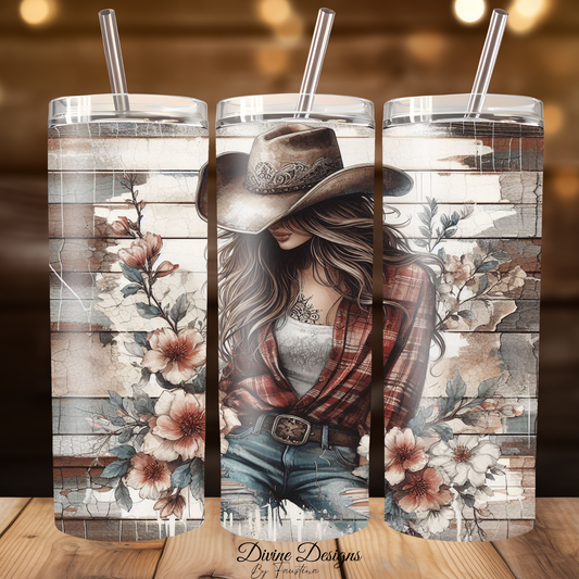 Cowgirl Western tumbler 20oz with lid and straw