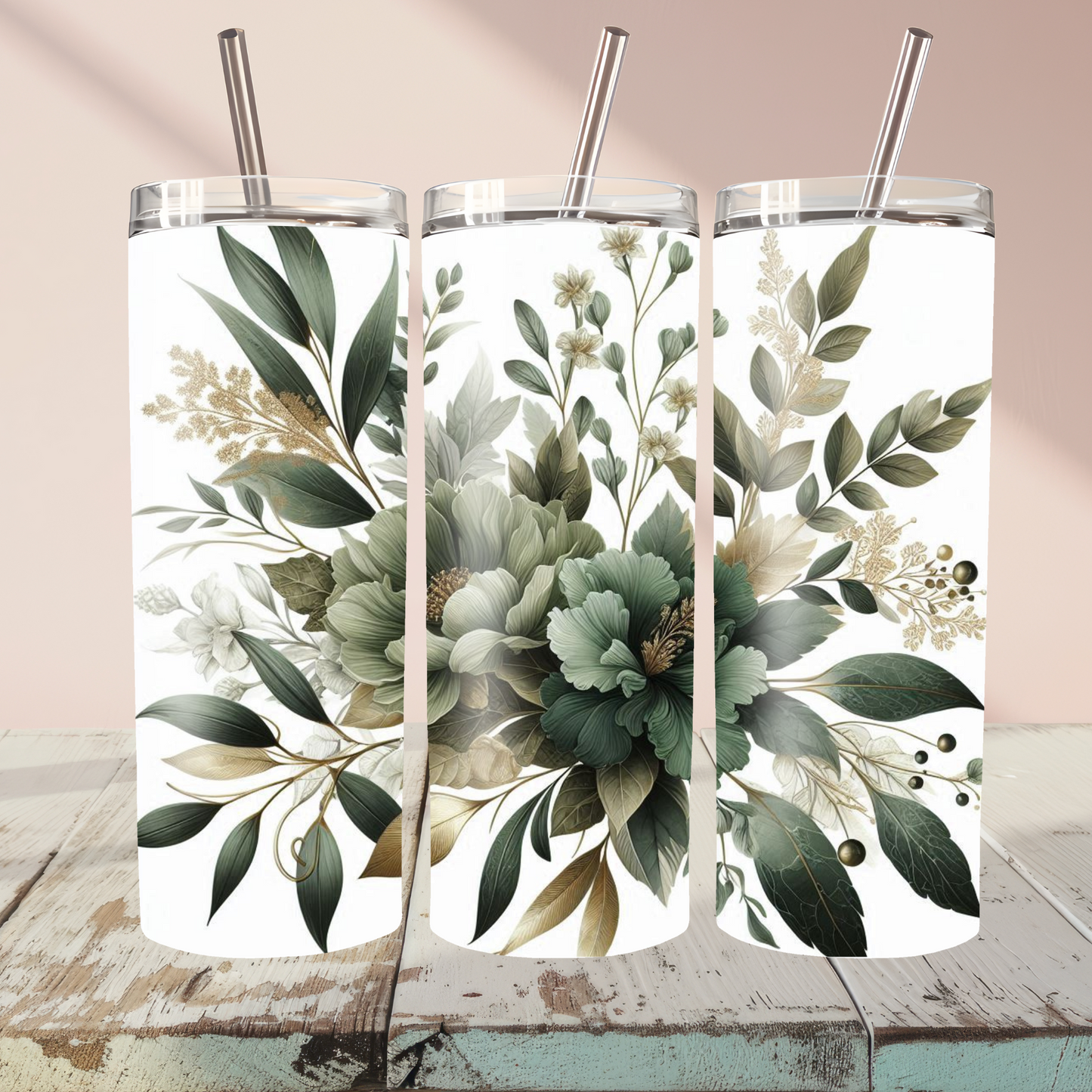 Sage green floral tumbler with lid and straw 20oz