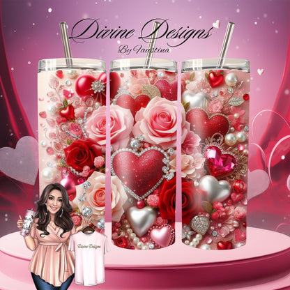 3D Valentines Hearts and Roses 20 oz Skinny Tumbler