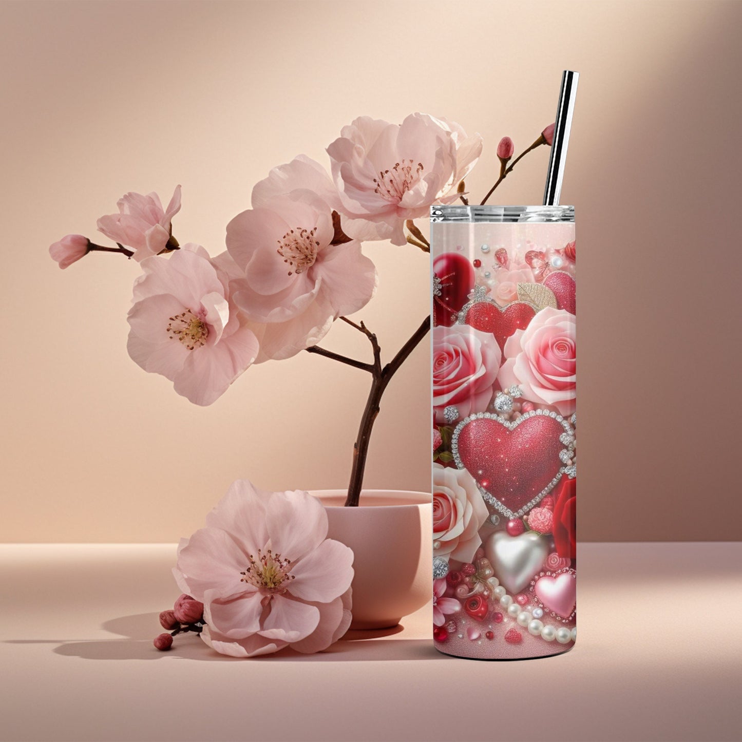3D Valentines Hearts and Roses 20 oz Skinny Tumbler