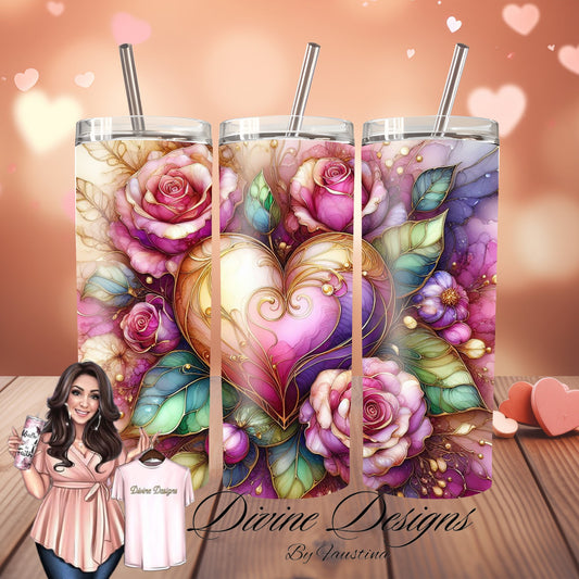 Valentines Heart Floral Roses 20 oz Skinny Tumbler