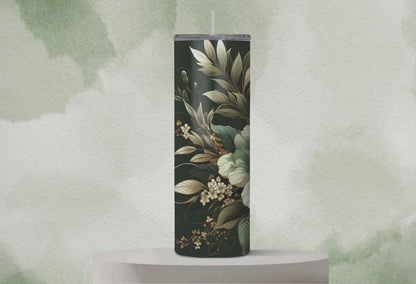 Elegant Sage Floral "Botanical Grace" 20oz Skinny Tumbler with Straw