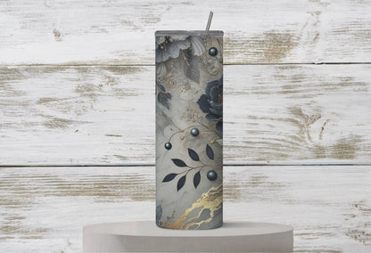 Gray Blue Floral 20oz Tumbler with lid and straw