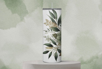 Sage green floral tumbler with lid and straw 20oz